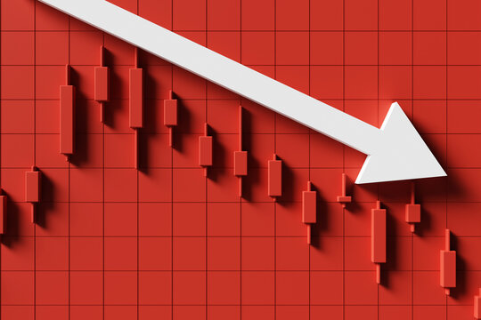 Red candlestick background image with a downward pointing arrow indicating a falling stock price. 3d rendering
