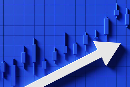 Blue candlestick background image with an upward pointing arrow indicating a rising stock price. 3d rendering