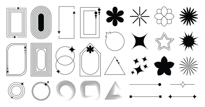 Set of geometric shapes in trendy 90s style. Black trendy design with frame, sparkles, star, flower, arrow, lines. Y2k aesthetic element illustrated for banners, social media, poster design, sticker.