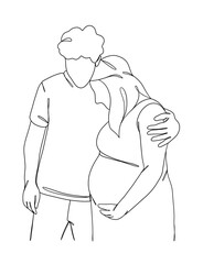 Continuous one line drawing of pregnant woman with husband. Vector illustration.