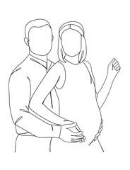 Continuous one line drawing of pregnant woman with husband. Vector illustration.