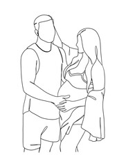 Continuous one line drawing of pregnant woman with husband. Vector illustration.