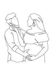 Continuous one line drawing of pregnant woman with husband. Vector illustration.