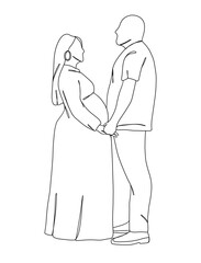 Continuous one line drawing of pregnant woman with husband. Vector illustration.