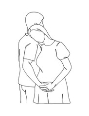 Continuous one line drawing of pregnant woman with husband. Vector illustration.