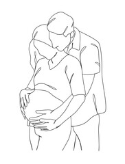 Continuous one line drawing of pregnant woman with husband. Vector illustration.