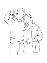 Continuous one line drawing of pregnant woman with husband. Vector illustration.