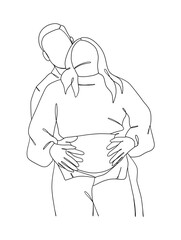 Continuous one line drawing of pregnant woman with husband. Vector illustration.