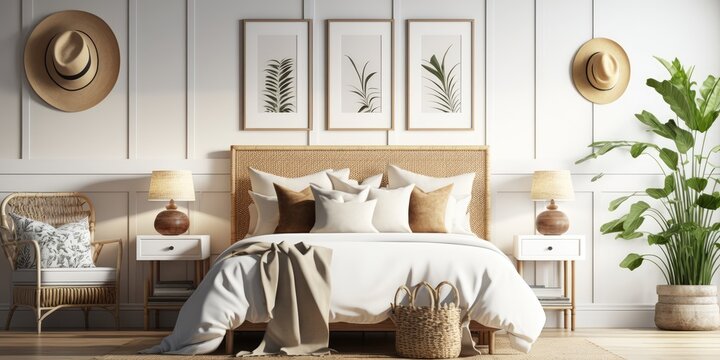 Home bedroom interior decorated with natural material. distinct generative AI image.