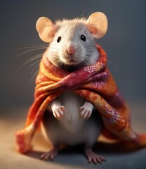 cute mouse animal with scarf in a grey background, portrait created by generative AI technology.