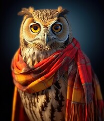 Owl with scarf in a grey background, portrait created by generative AI technology.