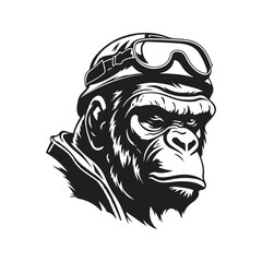 gorilla soldier, vintage logo line art concept black and white color, hand drawn illustration