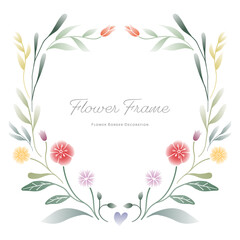 Flower and leaf symmetric frame decoration. Botanical garland, wreath, border graphic design. Gradient colors. Wedding invitation, greeting card, postcard, social media background.