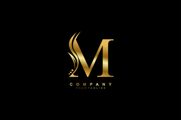 Luxury gold M logo design with feather. premium M letter monogram logo. suitable for business logos, beauty logos, company logos, boutiques, spas, salons, etc