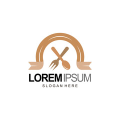 vintage restaurant logo, spoon, fork and ribbon combination logo with brown color
