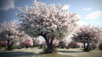 Obraz na płótnie Canvas gorgeous cherry trees in full blossom flowers. Beautiful cherry blossoms landscape. AI Generative