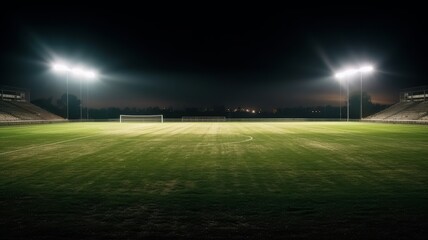 universal grass stadium illuminated by spotlights and empty green grass playground Generative AI - obrazy, fototapety, plakaty