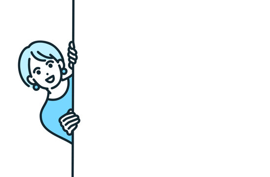壁から顔を出す女性。メッセージボードの後ろから覗き込むビジネスパーソンのイラスト素材。