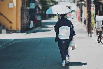 日傘をさして歩く着物女性