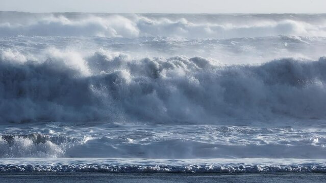 Powerful Ocean Waves, Storm in the Atlantic Ocean, Fabulous sea tide on sunny day. Huge waves crashing and splashing. Shot in 8k resolution 4320p