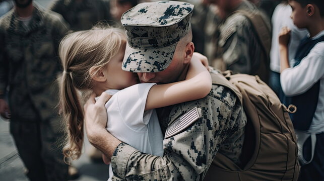 Soldier hugging his child, hug for farewell