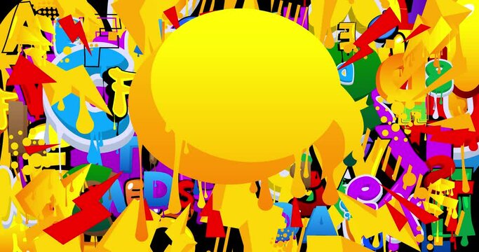 Yellow Graffiti Speech Bubble animation with busy colorful background. Abstract modern street art decoration in urban painting style video.
