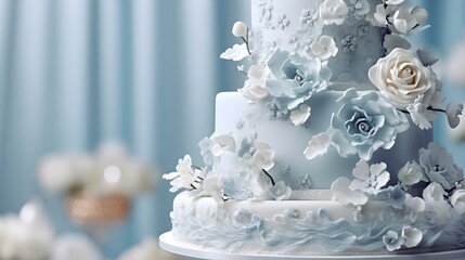 Light blue wedding cake with floral decoration
