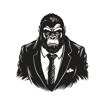 gorilla wearing suit, vintage logo line art concept black and white color, hand drawn illustration