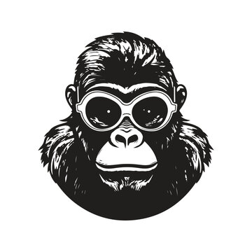 gorilla wearing sunglasses, vintage logo line art concept black and white color, hand drawn illustration