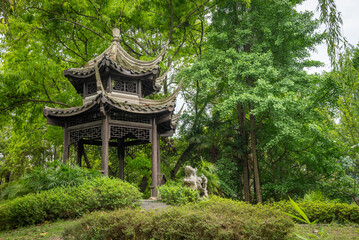 Chinese traditional pavilion on a hill in Yi Yuan Yuan Lin Bo Wu Guan Park, Chengdu, Sichuan province, China