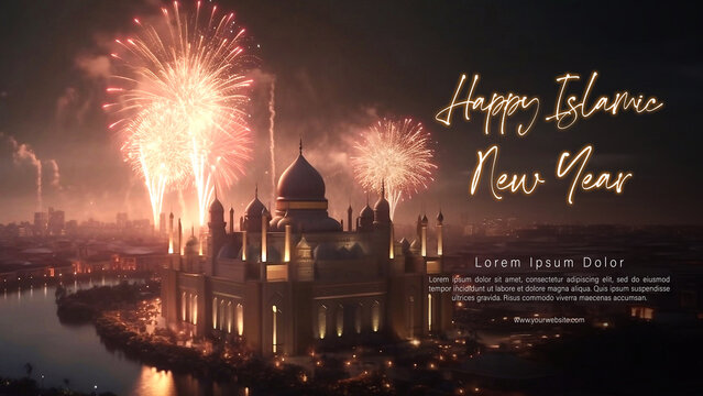 Happy Islamic New Year Poster Concept with Mosque and Fireworks Background. AI Generative Image