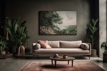 A comfortable room with concrete floors, vibrant sofa, art print and greenery. Generative AI