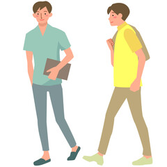 夏のファッションで歩く若い男性たち