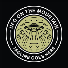 Ufo On The Mountain Logo Vector Graphic Design illustration Retro Vintage Circle Badge Emblem Symbol and Icon