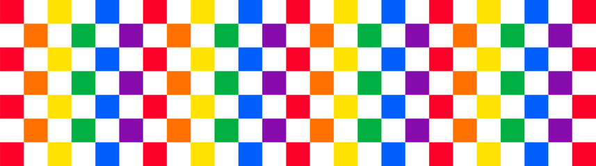 Checkered pattern wallpaper. Rainbow colors tile long banner background design. LBGT people pride symbol.	