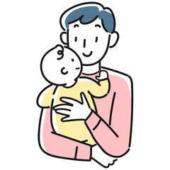 赤ちゃんを抱っこする笑顔の若い男性の上半身