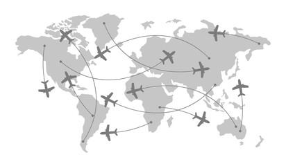 Flight of airplane on world map. Worldwide travel and transportation concept
