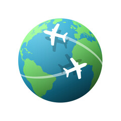 Airplane flying around the globe. Worldwide travel and transportation concept. Earth Elements by Google Earth.