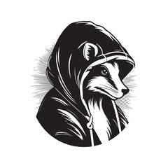 skunk wearing hoodie, vintage logo line art concept black and white color, hand drawn illustration