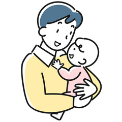 赤ちゃんを抱っこする笑顔の若い男性の上半身