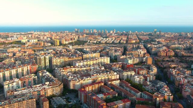 Aerial view of Barcelona city skyline at sunset, Nou Barris, one of the ten districts into which Barcelona has been officially divided since 1984, Catalonia, Spain