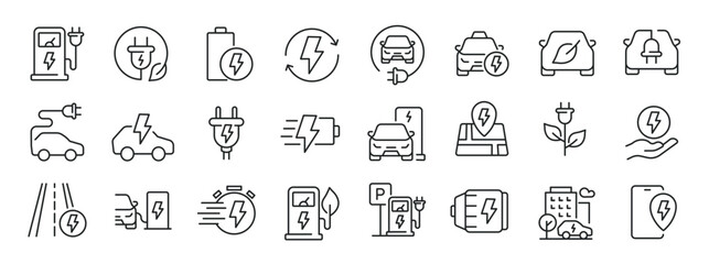 Electric car, charging station thin line icons. Editable stroke. For website marketing design, logo, app, template, ui, etc. Vector illustration.