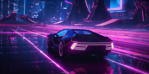 The image of a sports car on the night track of a modern metropolis, in a holographic and neon style. Generative AI