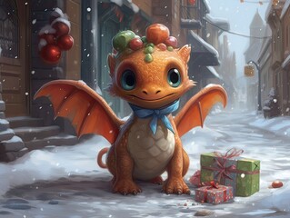 Cute little dragon in christmas costume with gifts in snowy street. Christmas and new year card. Generative ai