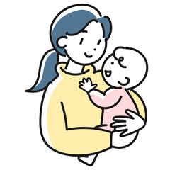 赤ちゃんを抱っこする笑顔の若い母親の上半身