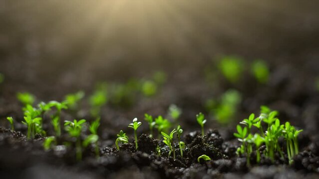 Plants growing in time lapse, Cress salad sprouts germination from seeds in ground. Farming and gardening at spring. Business agriculture harvesting concept.
