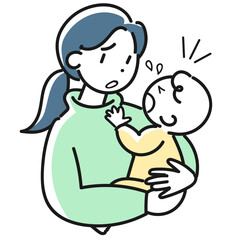 泣く赤ちゃんを抱いて困っている若い母親の上半身