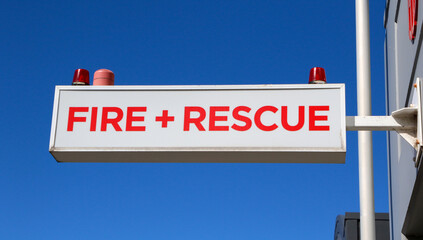 Fire and Rescue signage at the brigade depot in Newcastle, NSW, Australia.