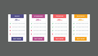 Rectangle pricing table template with four table. Pricing table infographic