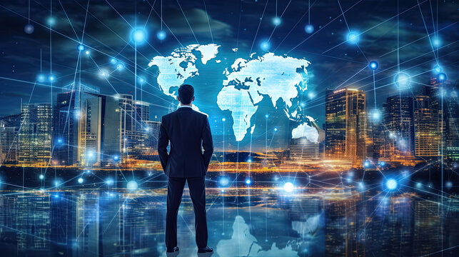 Businessman uses a tablet with the latest global technology